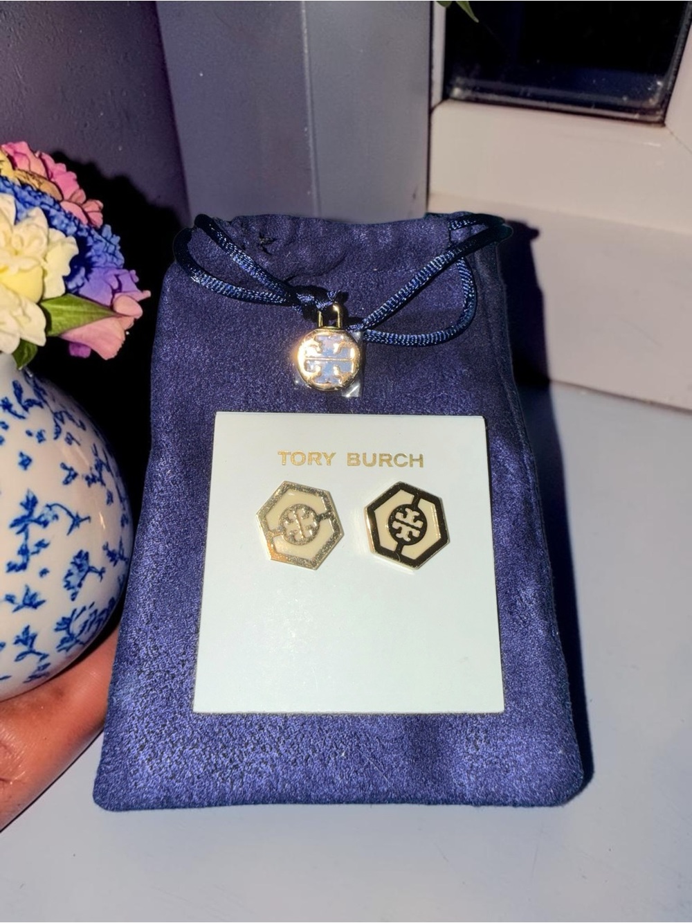 Tory Burch Hex Logo Enamel Stud Earrings with Dust Bag - Retails $68